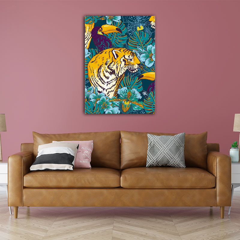 Toucan and Tiger Canvas Prints Tropical Decorative Parlor Wall Art Decor in Orange