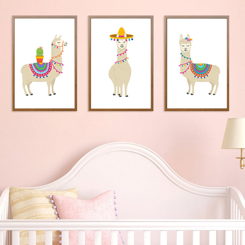Kids Cute Alpaca Wrapped Canvas for Children Bedroom Wall Art Decor in White, Multiple Sizes