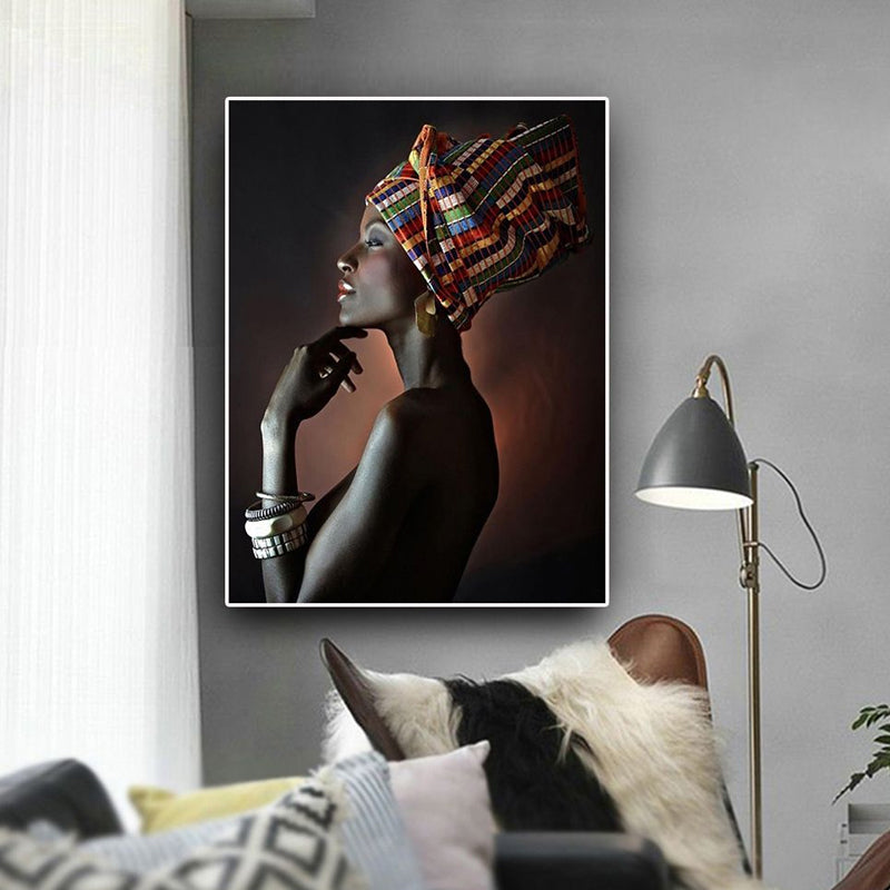 Black Tribal Woman Canvas Print Textured Surface Wall Art for House Interior