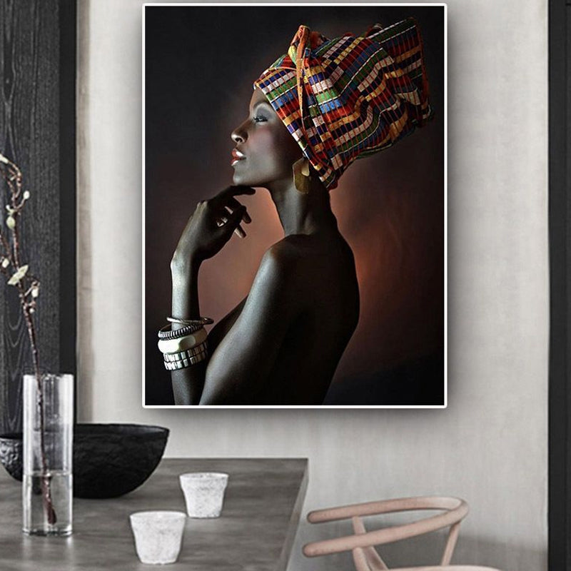 Black Tribal Woman Canvas Print Textured Surface Wall Art for House Interior