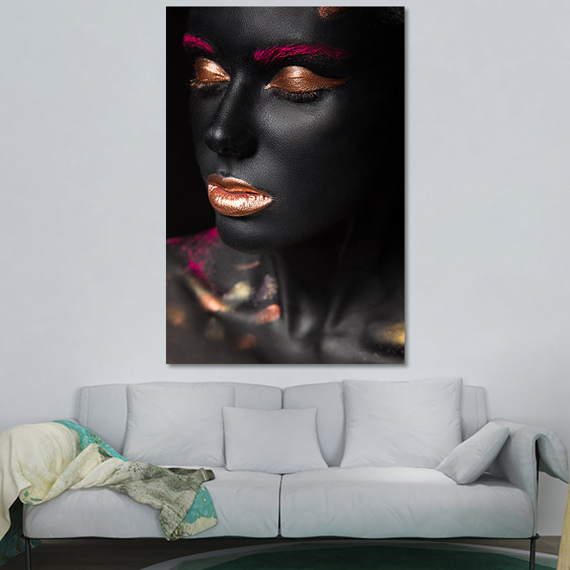 Beautiful African Female Model Canvas Living Room Fashion Wall Art in Black, Texture