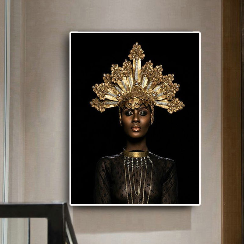 Fashion Crowned African Woman Art Print Glam Canvas Wall Decoration in Gold and Black