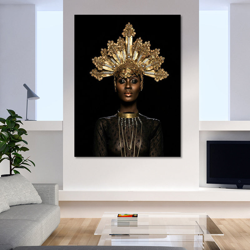 Fashion Crowned African Woman Art Print Glam Canvas Wall Decoration in Gold and Black