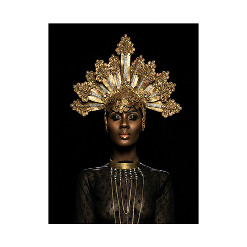 Fashion Crowned African Woman Art Print Glam Canvas Wall Decoration in Gold and Black