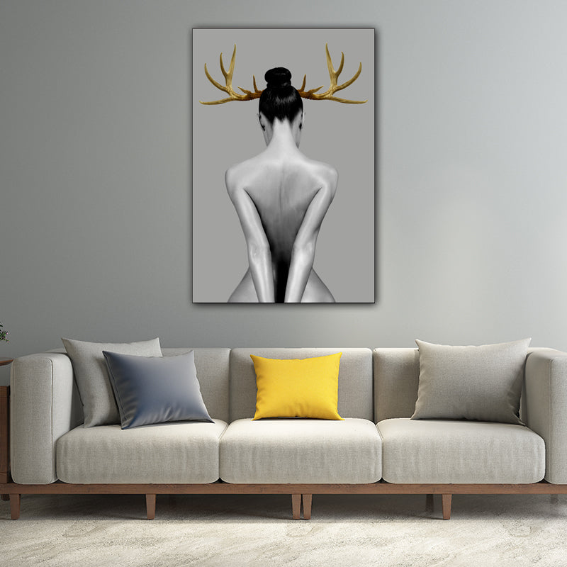 Woman with Antler Wall Art Textured Modern Style Dining Room Canvas Print in Gold