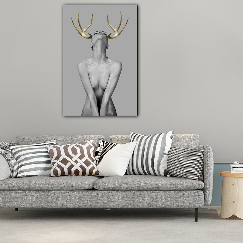 Woman with Antler Wall Art Textured Modern Style Dining Room Canvas Print in Gold