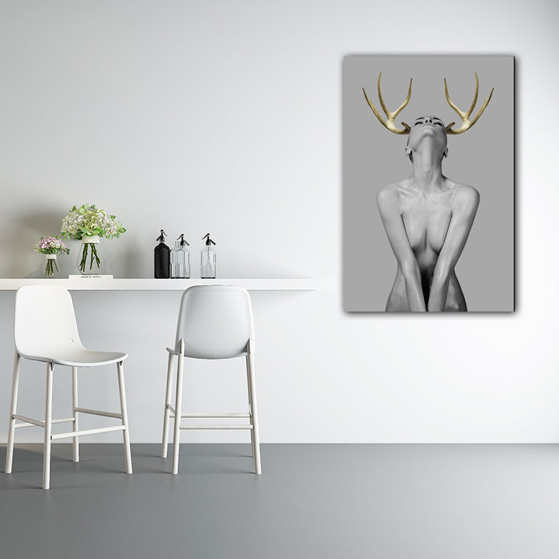 Woman with Antler Wall Art Textured Modern Style Dining Room Canvas Print in Gold