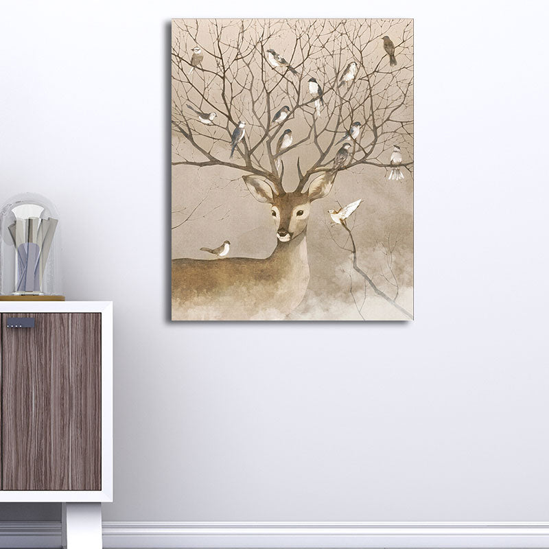 Brown Stag and Bird Painting Canvas Textured Farmhouse Living Room Wall Art