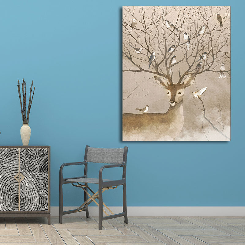 Brown Stag and Bird Painting Canvas Textured Farmhouse Living Room Wall Art