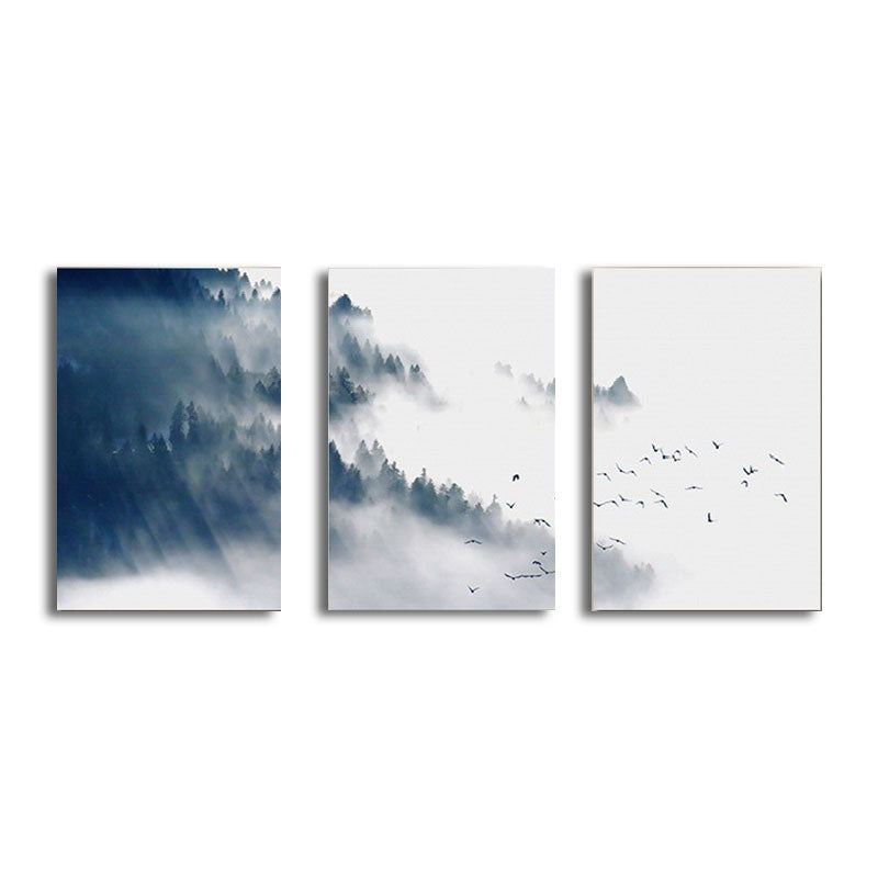 Asian Style Canvas Wall Art Black Bird Flock and Misty Forest Painting for Living Room