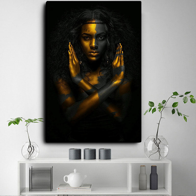 Gold Modern Style Art Print African Woman NO Gesture Wall Decor for Sitting Room