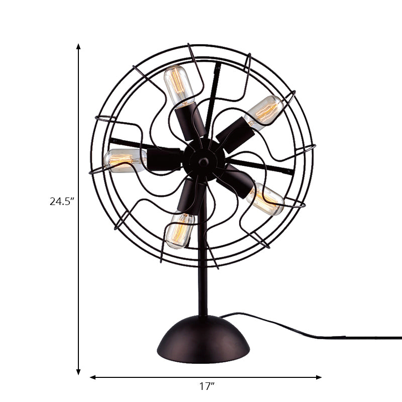 5 Bulbs Fan Design Table Lamp with Cage Shade Farmhouse Style Black Finish Metallic Table Light for Bedroom