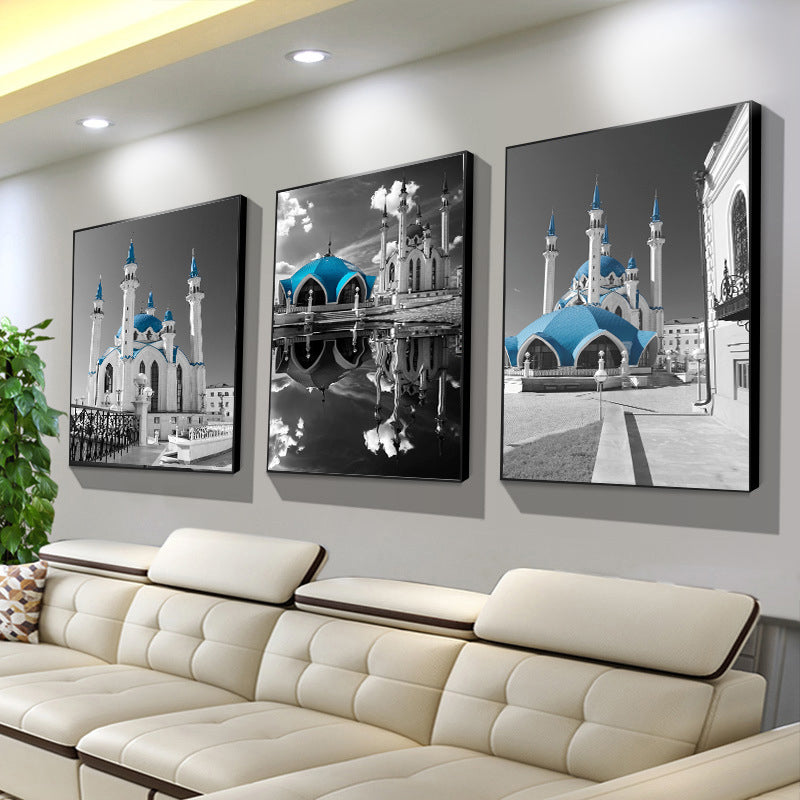 Global Inspired Castle Wall Art Canvas Textured Blue Wall Decor for Sitting Room