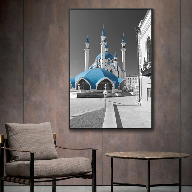 Global Inspired Castle Wall Art Canvas Textured Blue Wall Decor for Sitting Room