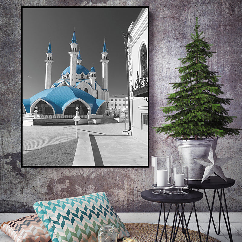 Global Inspired Castle Wall Art Canvas Textured Blue Wall Decor for Sitting Room