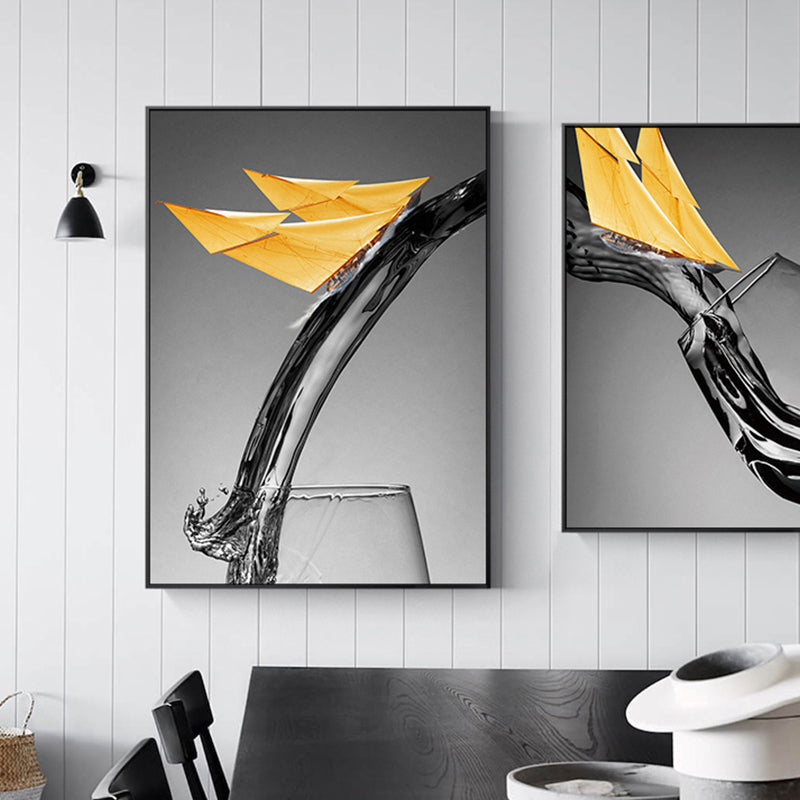 Canvas Textured Wall Decor Modern Novelty Boat Flowing into Wine Glass Art Print in Yellow