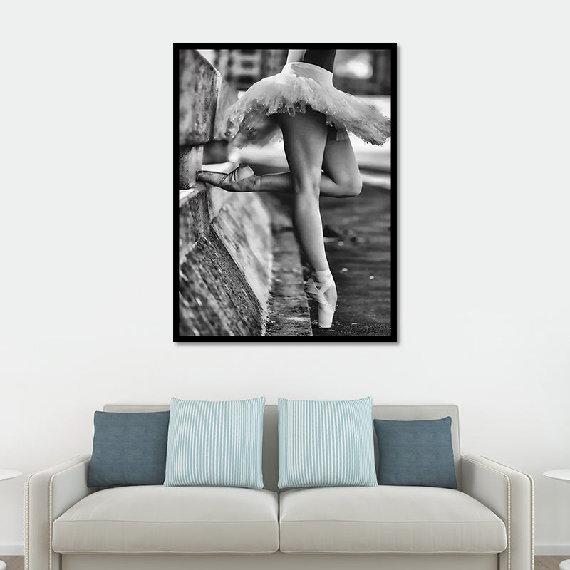 Retro Photo Ballerina Practising Canvas Art Grey Girls Bedroom Wall Decor, Textured
