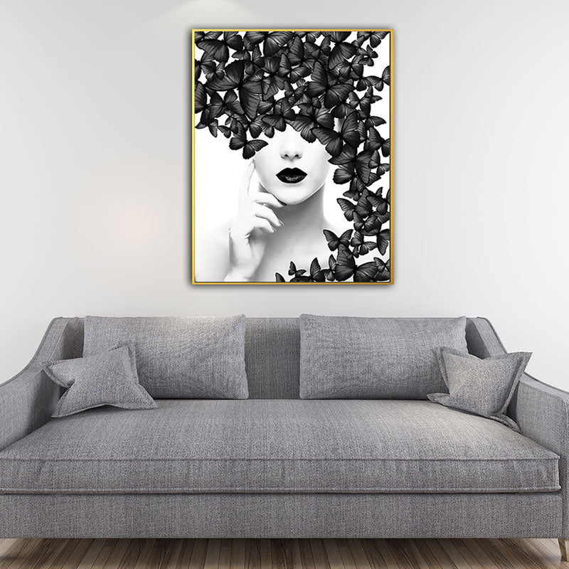 Woman Face and Butterflies Canvas Print Glam Textured House Interior Wall Art Decor