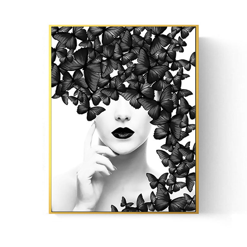 Woman Face and Butterflies Canvas Print Glam Textured House Interior Wall Art Decor