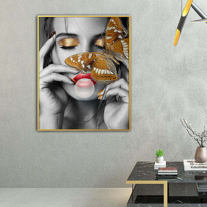 Woman Face and Butterflies Canvas Print Glam Textured House Interior Wall Art Decor