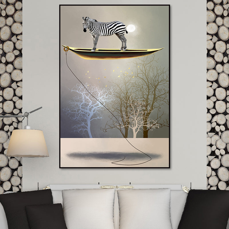 Rustic Moon Night Art Print Pastel Color Animal Standing on the Floating Boat Wall Decor