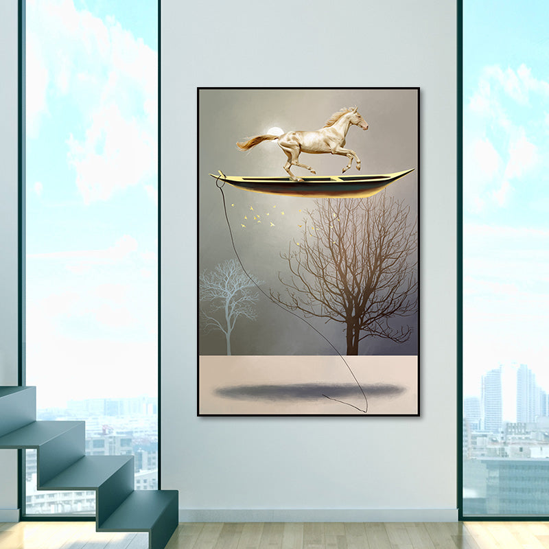 Rustic Moon Night Art Print Pastel Color Animal Standing on the Floating Boat Wall Decor