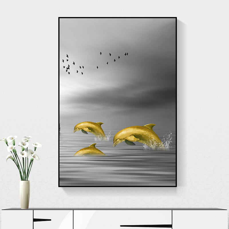 Glam Wall Art Gold Dolphin Jumping out of Sea Water Wrapped Canvas for Home