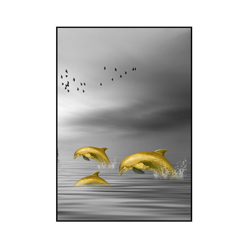 Glam Wall Art Gold Dolphin Jumping out of Sea Water Wrapped Canvas for Home