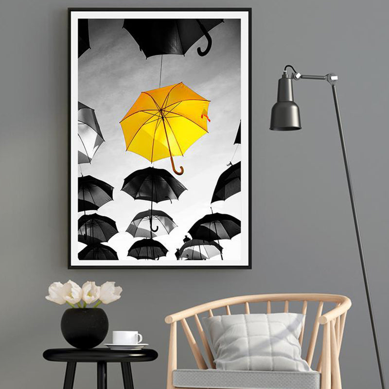 Photo Print Floating Umbrellas Canvas Textured Modern Bedroom Wall Art in Yellow-Black