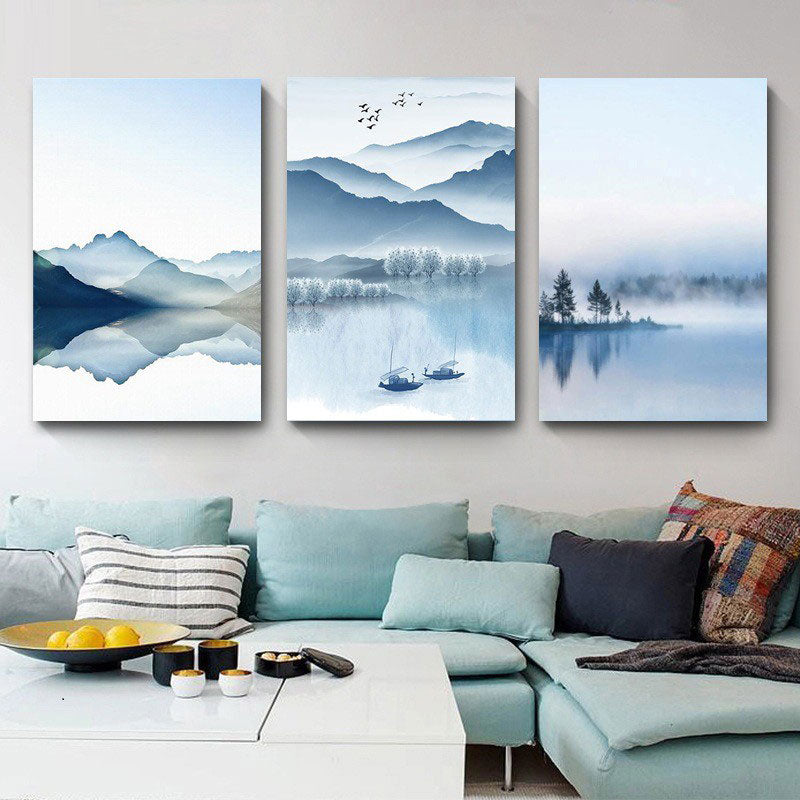 Mountain River Landscape Canvas Print in Blue Chinese Wall Art Set for Living Room