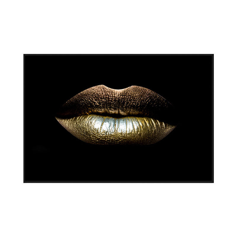 Modern Woman Lip Wall Art Print Gold-Black Textured Surface Canvas for Dining Room