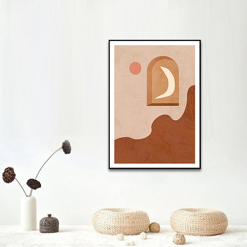 Canvas Brown Wall Art Print Scandinavian Moon on the Panel and Sun Painting for Home Decor