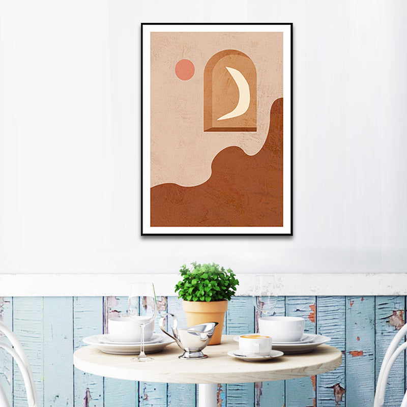 Canvas Brown Wall Art Print Scandinavian Moon on the Panel and Sun Painting for Home Decor