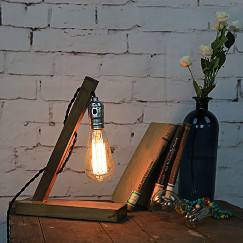 Mini lampada da tavolo per camera da letto in legno stile vintage 1 lampada da tavolo da terra marrone chiaro con lampadina aperta e cavo di collegamento