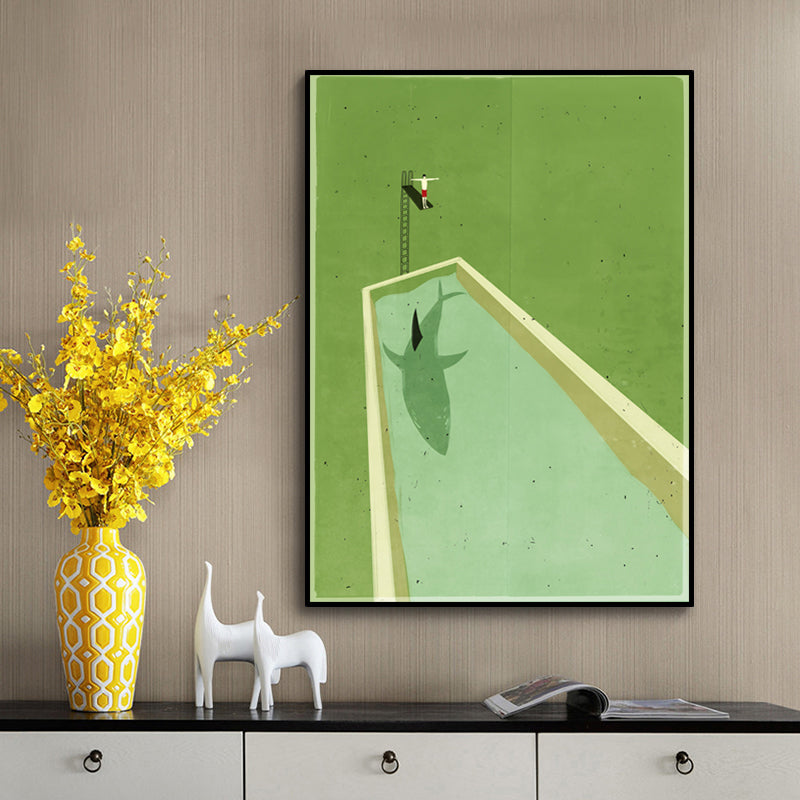 Canvas Textured Painting Scandinavian Diving and Shark Wall Decor in Green for Hallway