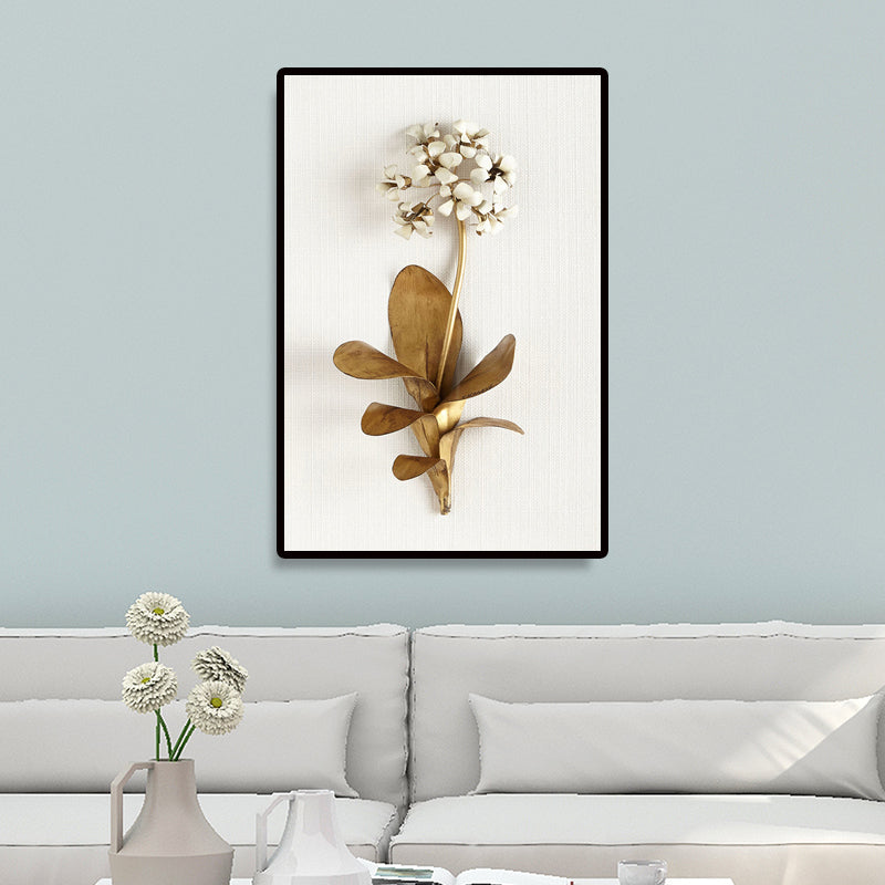 Photography Flower Bouquet Canvas Wall Art for Living Room, Gold and White, Texture