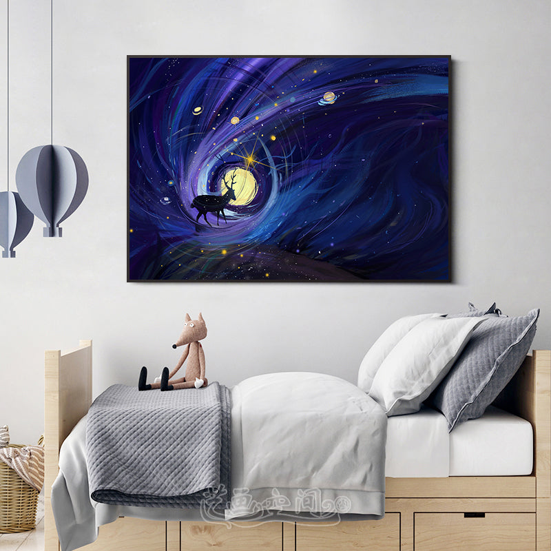 Children's Art Canvas Art Soft Color Fantasy and Deer Wall Decor for Children Bedroom