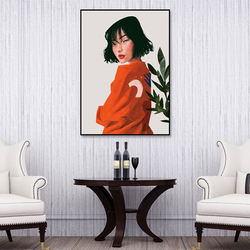 Red Woman and Foliage Canvas Textured Nordic Living Room Wall Art Decor, Multiple Sizes Available