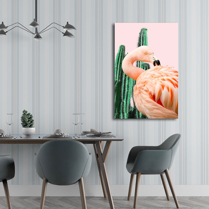 Pink Tropical Canvas Print Flamingo and Cactus Wall Art Decor for House Interior