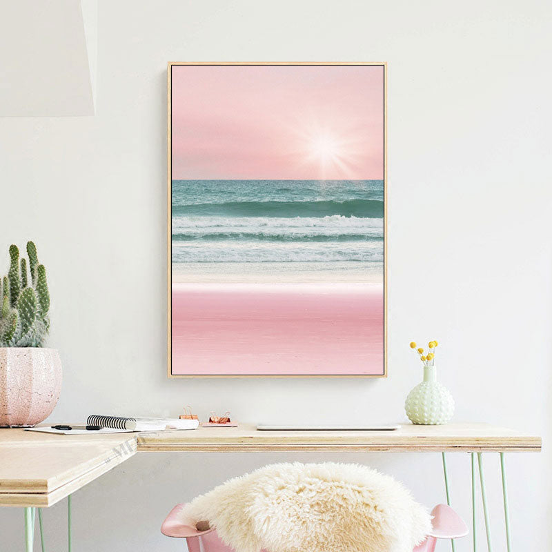 Tropical Seascape Wrapped Canvas in Pink-Blue Girls Bedroom Wall Art Print, Textured