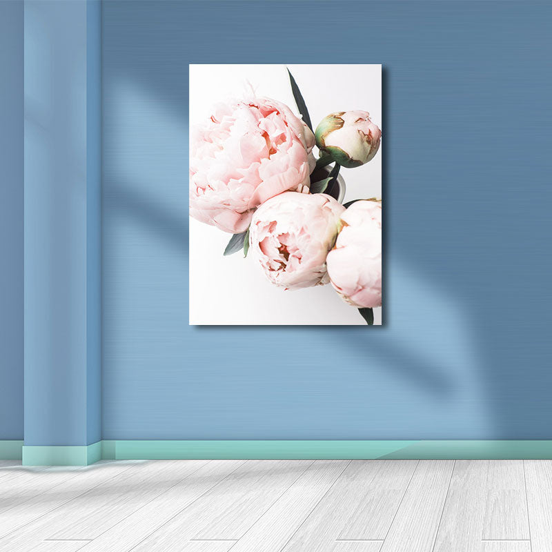 Pink Blossoming Peony Wall Art Flower Nordic Textured Canvas Print for Girls Bedroom