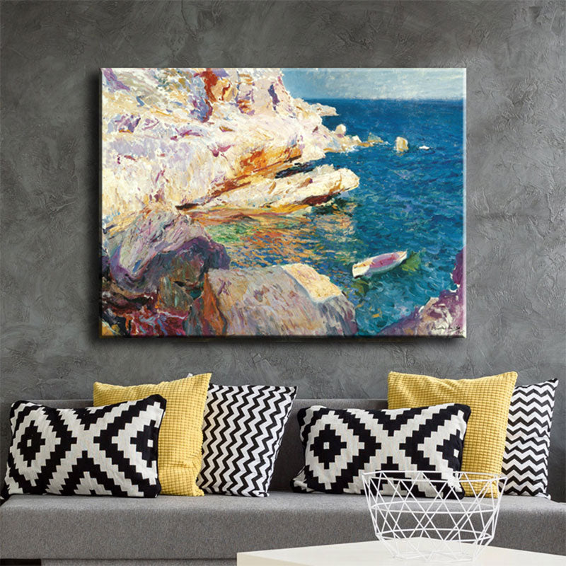 Tropical Ocean Rock Shore Canvas Art Blue-White Textured Painting for Sitting Room