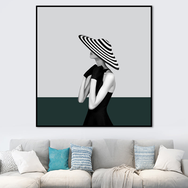 Contemporary Lady Square Canvas Print Dark Color Decorative Wall Art for Living Room