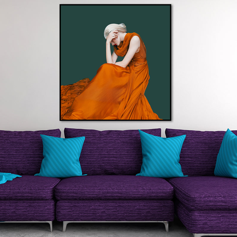 Contemporary Lady Square Canvas Print Dark Color Decorative Wall Art for Living Room