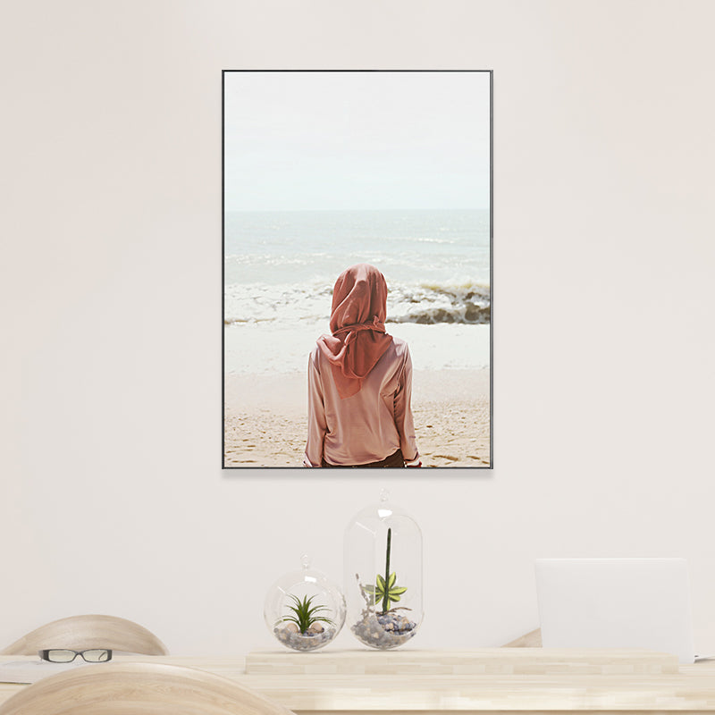 Tropics Beach Wall Art Decor Red Girl Looking at the Sea Alone Canvas Print for Room