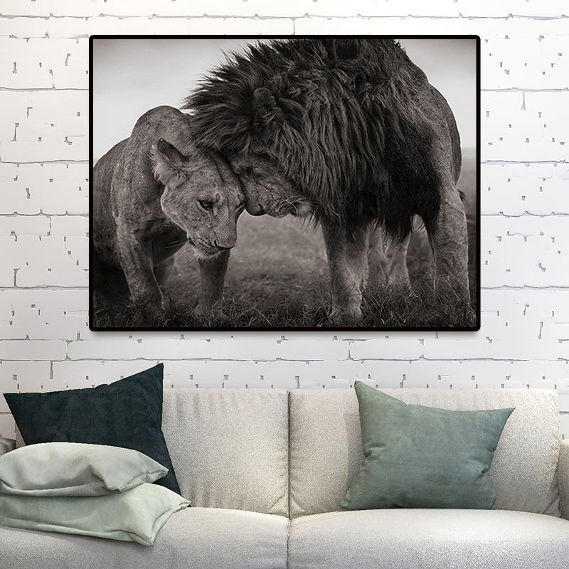 King of Savanna Lions Canvas Print Grey Modernist Wall Art Print for Sitting Room