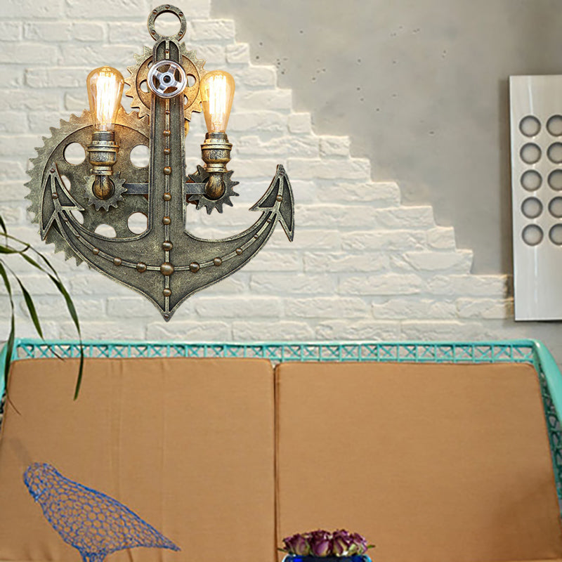 2 Bulbs Anchor Wall Mount Light with Gear Deco Antique Style Aged Brass/Rust Wrought Iron Sconce Lamp for Restaurant