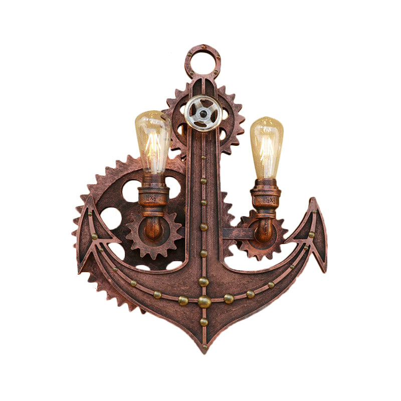 2 Bulbs Anchor Wall Mount Light with Gear Deco Antique Style Aged Brass/Rust Wrought Iron Sconce Lamp for Restaurant