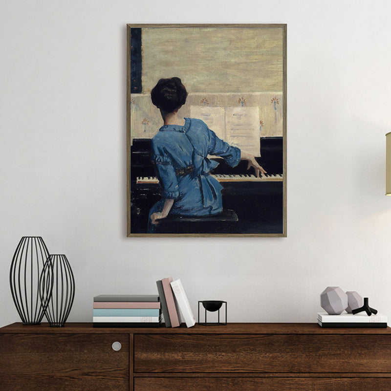Gemälde „Sitzendes Mädchen und Klavier“ im Vintage-Stil, strukturierte Leinwand-Wanddekoration in Blau