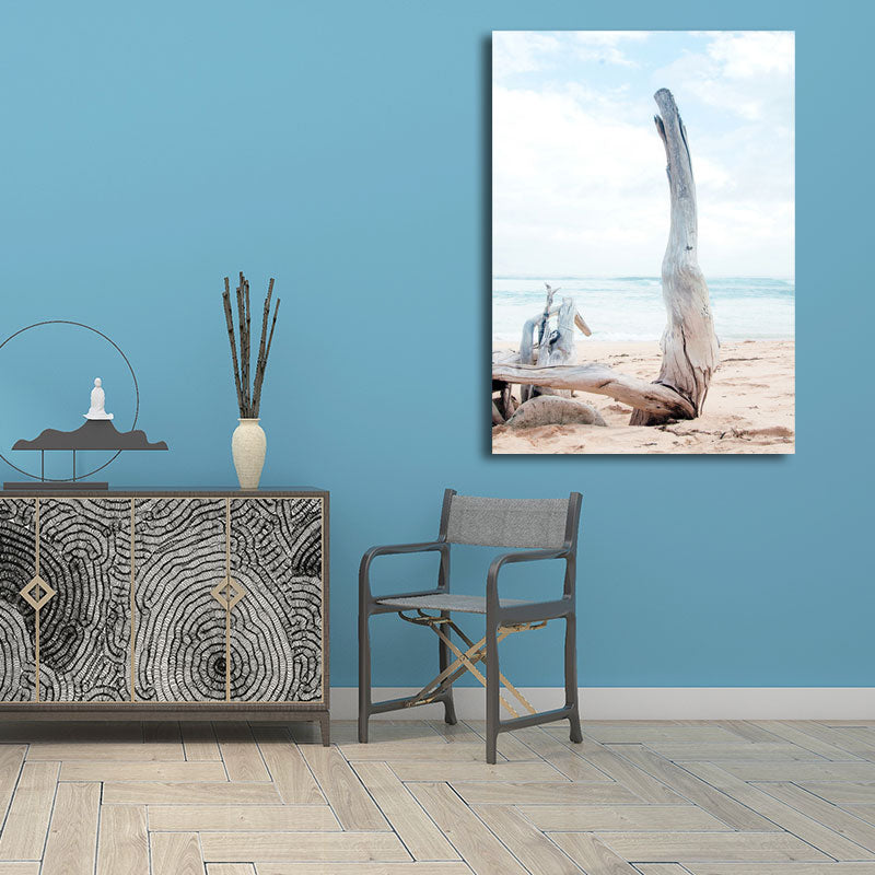 Beach Bare Trunk Seascape Canvas Print Tropics Textured Wall Art in Light Blue